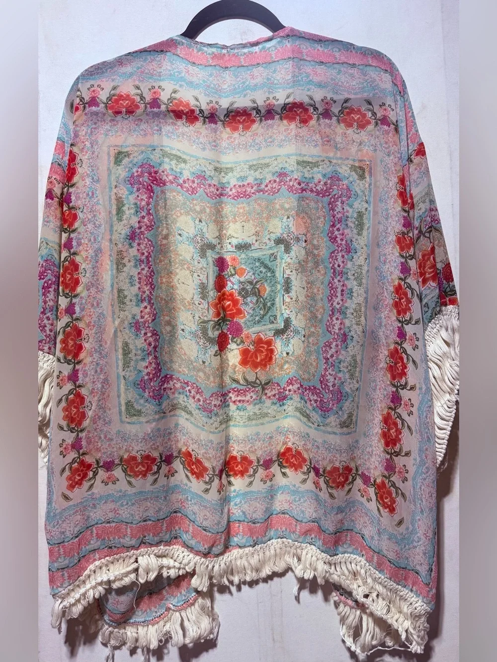 Floral Open-Front Fringe Kimono Shrug - Cream & Pastel Blue